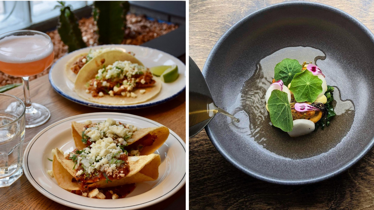 Taco plates and cocktail from Fonda Balam. Right: Mussels dish from Perch Ottawa.