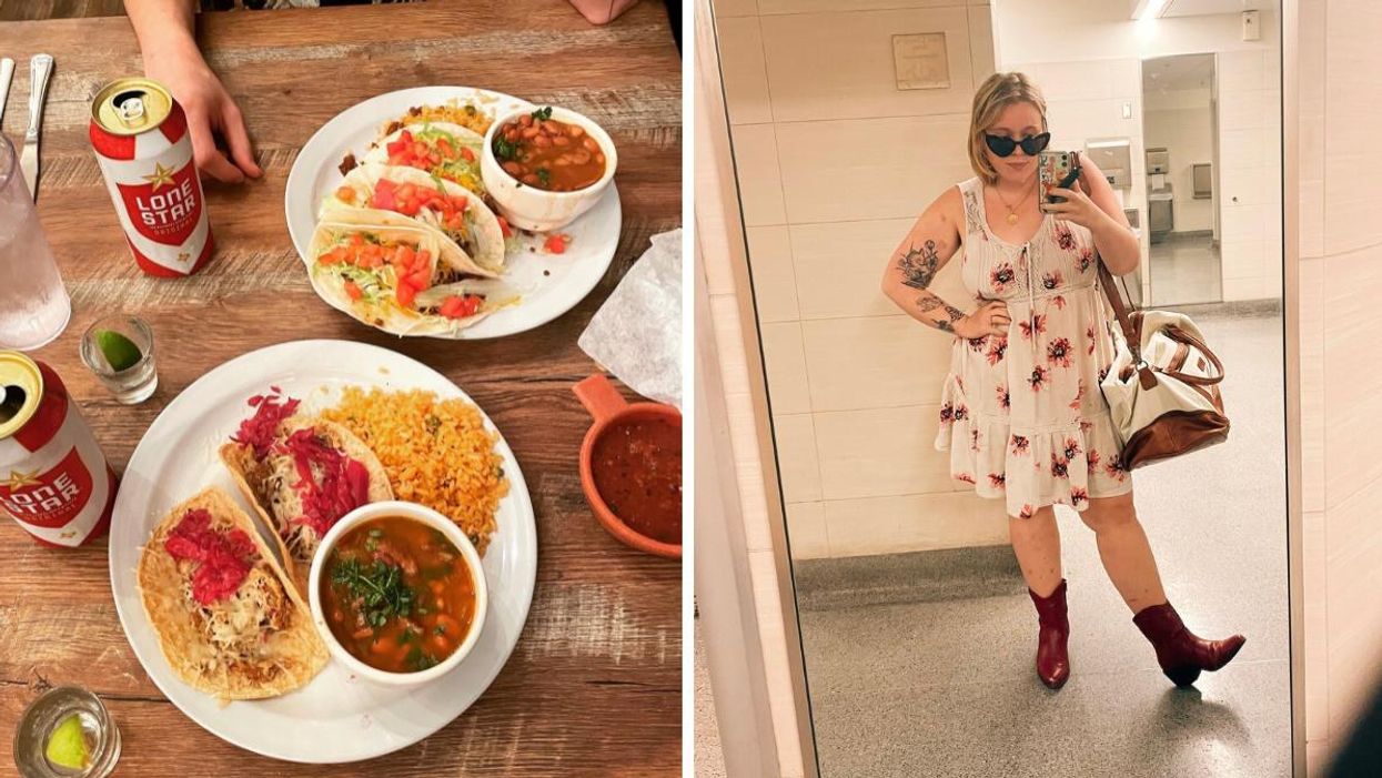 Tacos and Lone Star beers in Austin, TX. Right: Maeve at the Austin airport in red boots.