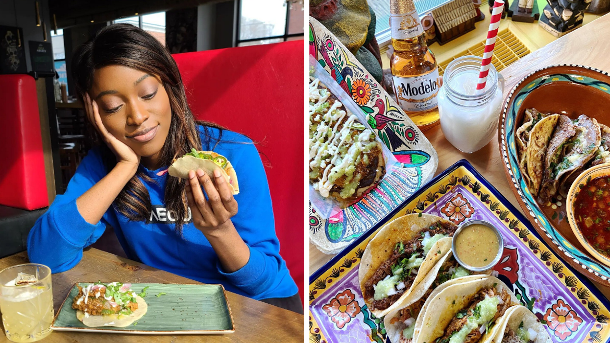 Tacos and margaritas at Eldorado Taco. Right: Table of Mexican food from Si Senor.