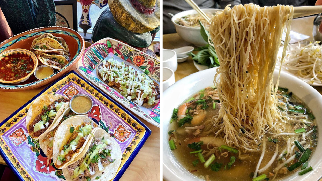 Tacos and Mexican plates from Si Senor. Right: Noodle bowl from Saigon Boy.