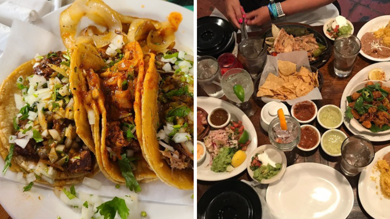 Tacos from Taqueria Mi Pueblo in Detroit, MI. Right: A table with Mexican food from Ninfa's in Houston, TX.
