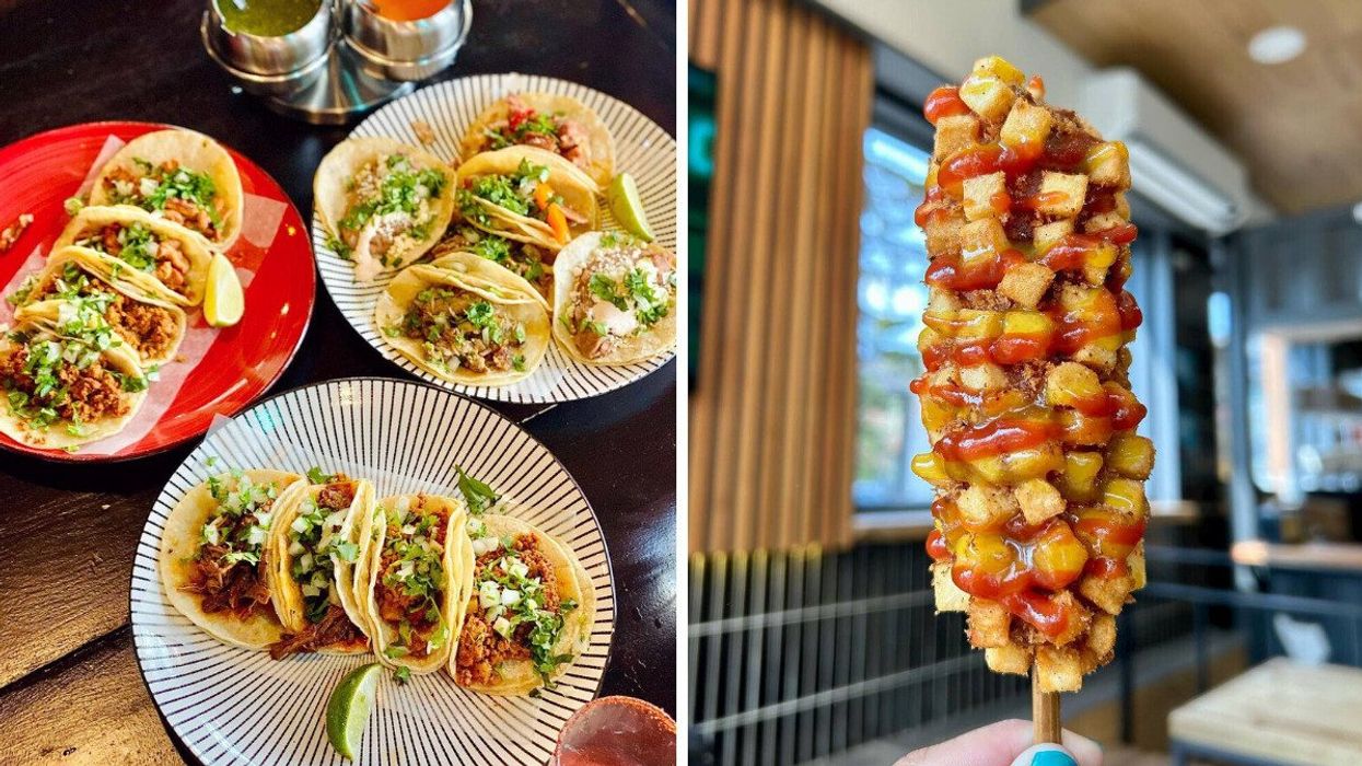 Tacos galore at Tacos Mexico. Right: Korean hot dog goodness at Hankki.