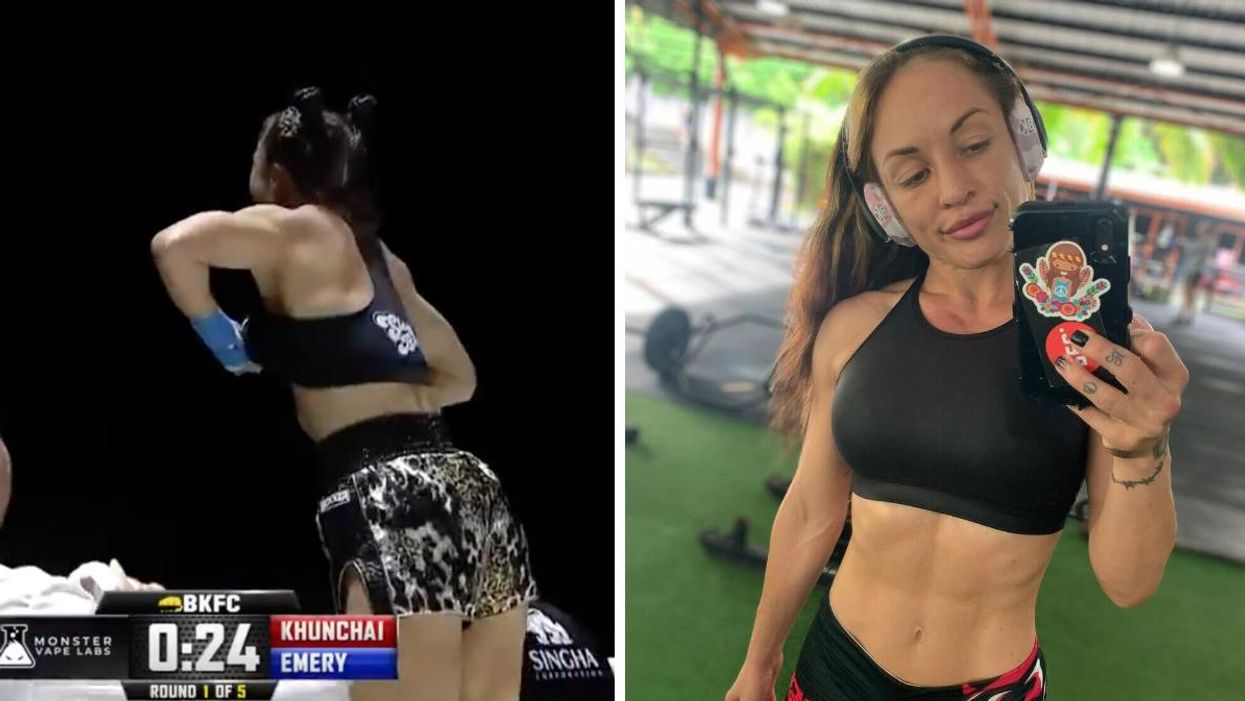 Tai Emery flashing a crowd after her BKFC win. Right: Tai Emery.