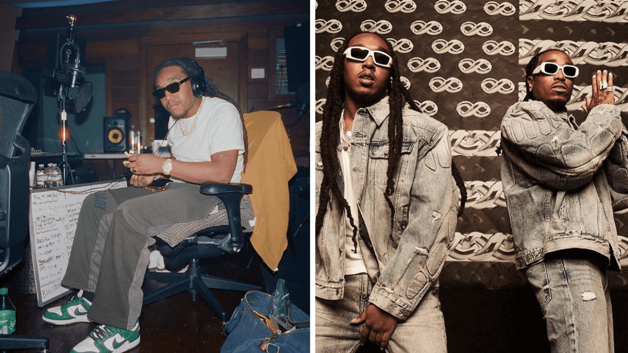 Takeoff in the studio. Right: Takeoff and Quavo working on a project.