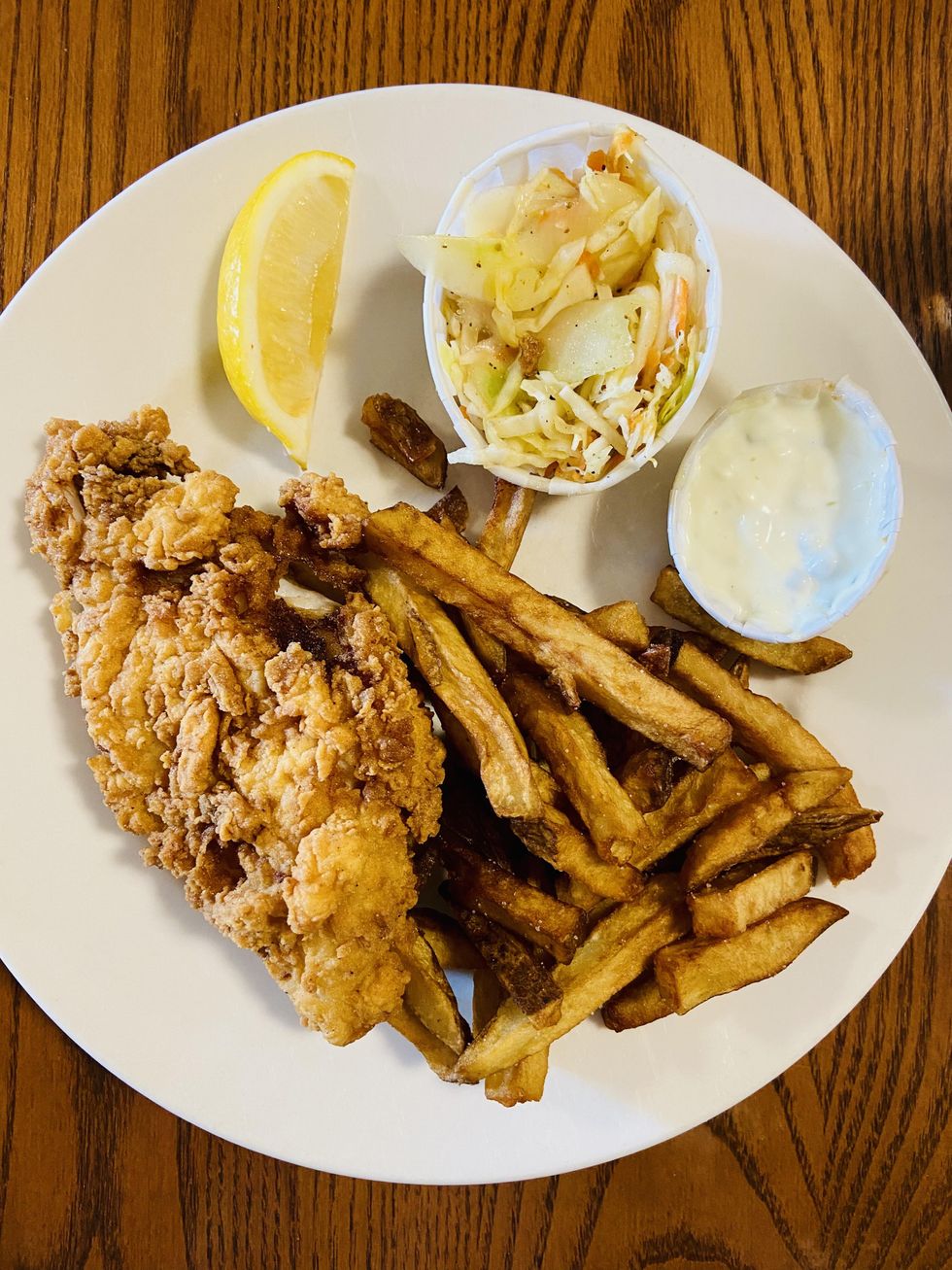 Takeout battered fish n' chips meal from Ad Mare.
