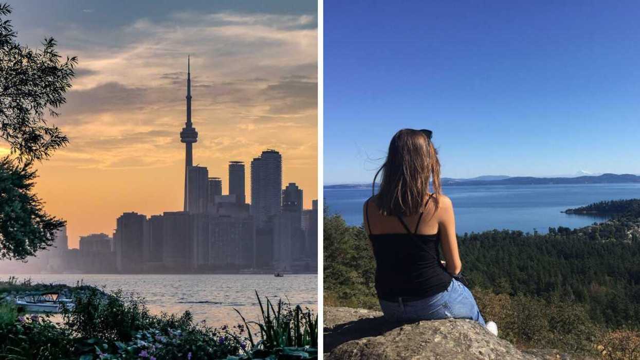 Tall buildings by the water. Right: A woman in jeans and a black tank top sitting on a rock looking at a view of the ocean and trees.