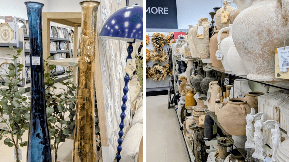 Tall glass vases at HomeSense. Right: Ceramic vases and statues on the shelf at HomeSense.