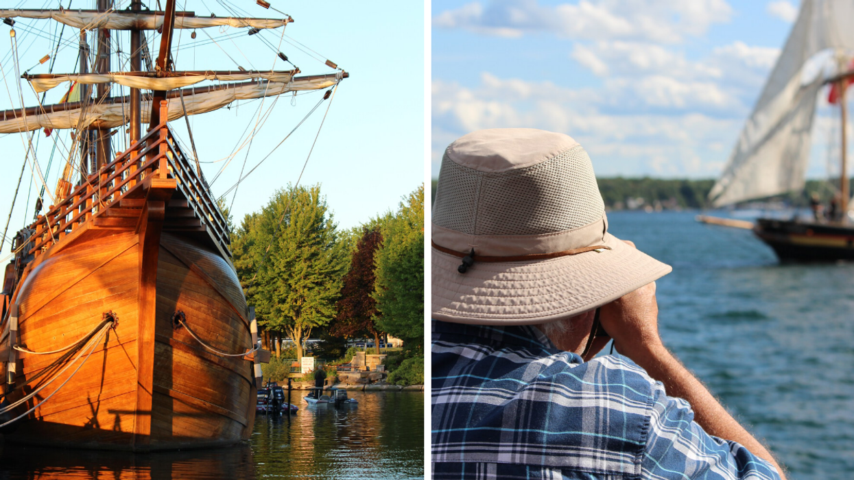 Tall ship in Brockville at sunset. Right: Festival guest taking photo of a Tall Ship on the water.