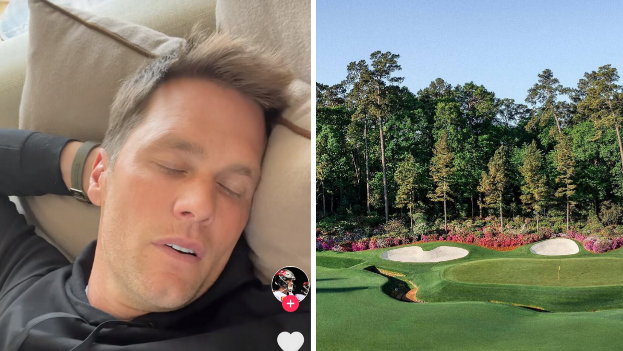 Tampa Bay Buccaneers Quarterback, Tom Brady, on TikTok. Right: The Augusta National Golf turf where the Masters tournament is located.
