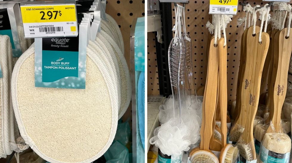 Tampon polissant accrocher au mur. Droite : Brosse pour le dos accrocher au mur.