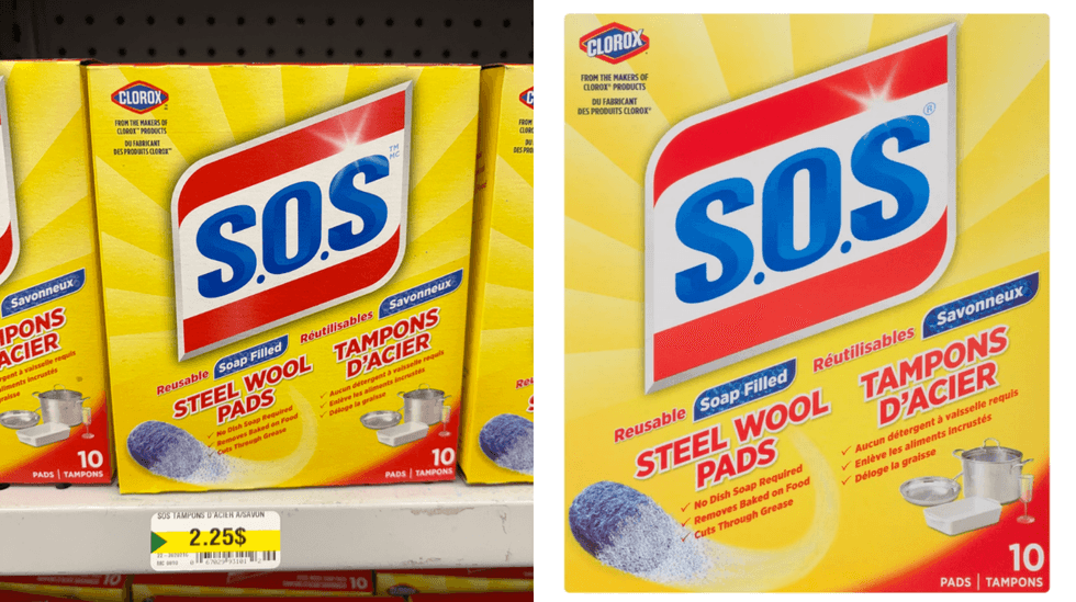 Tampons S.O.S. de Clorox sur les tablettes du Dollarama. Droite : tampons S.O.S. de Clorox sur le site du Tigre G\u00e9ant.