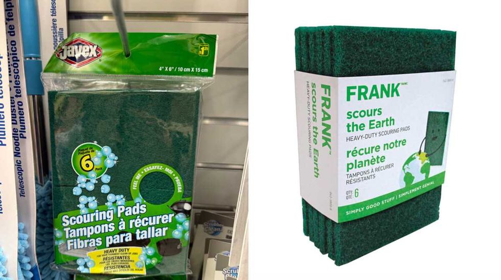 Tampons \u00e0 r\u00e9curer pour service intense Javex. Droite : Tampons \u00e0 r\u00e9curer pour service intense Frank.