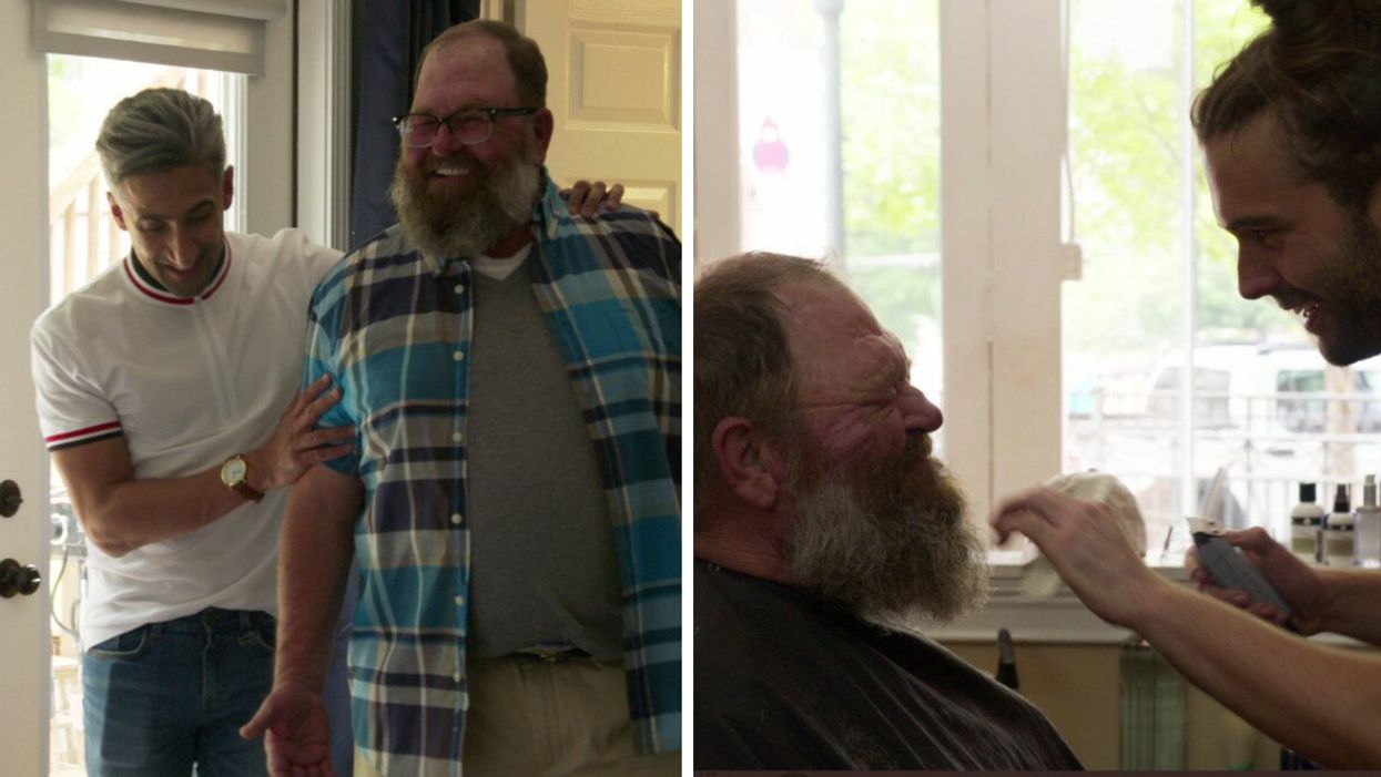 Tan France and Tom Jackson. Right: Tom Jackson and Jonathan Van Ness.