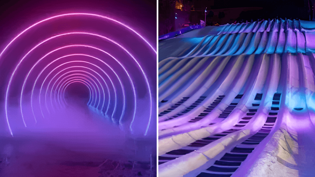 Tapis convoyeur sous un dôme illuminé. Droite : Les nouvelles glissades sur tubes immersives au versant Avila et au Sommet Edelwiss.
