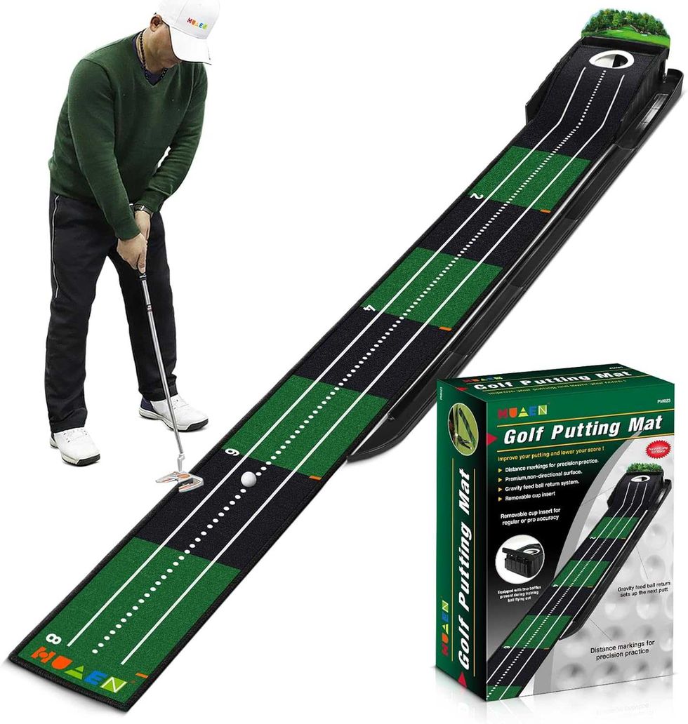 Tapis de putting avec guides d\u2019alignement et retour automatique de balle pour l\u2019entra\u00eenement \u00e0 vendre sur Amazon Canada.