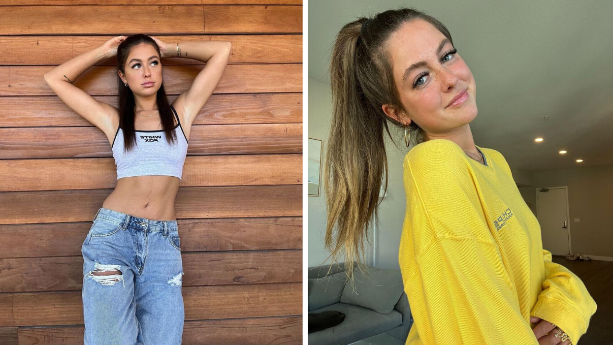 Tara Lynn in jeans and a crop top. Right: Tara Lynn in a yellow long sleeve.