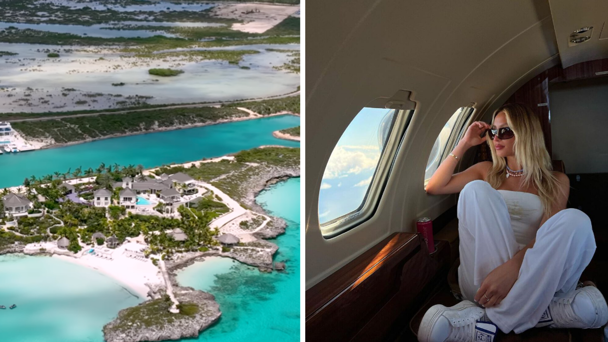 "Tarte Island" in Turks and Caicos. Right: Alix Earle on a private jet headed to the Tarte Influencer Trip.