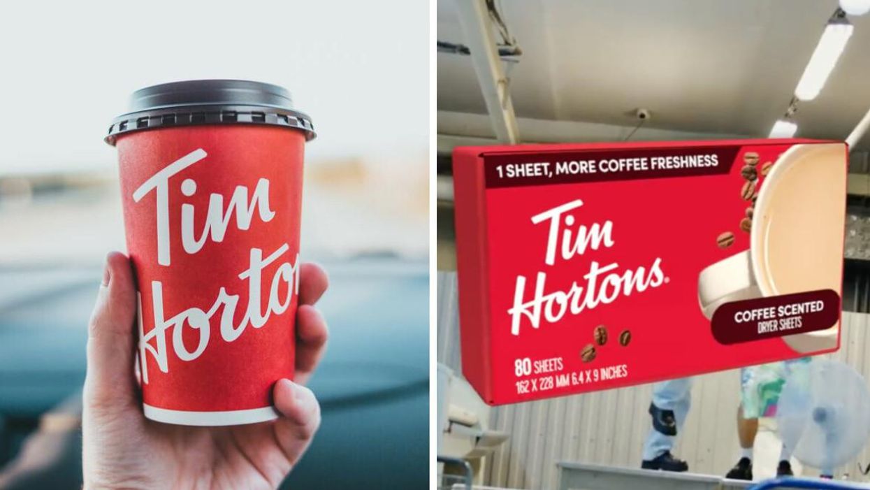 Tasse Tim Hortons. Droite : Feuilles assouplissantes Tim Hortons.