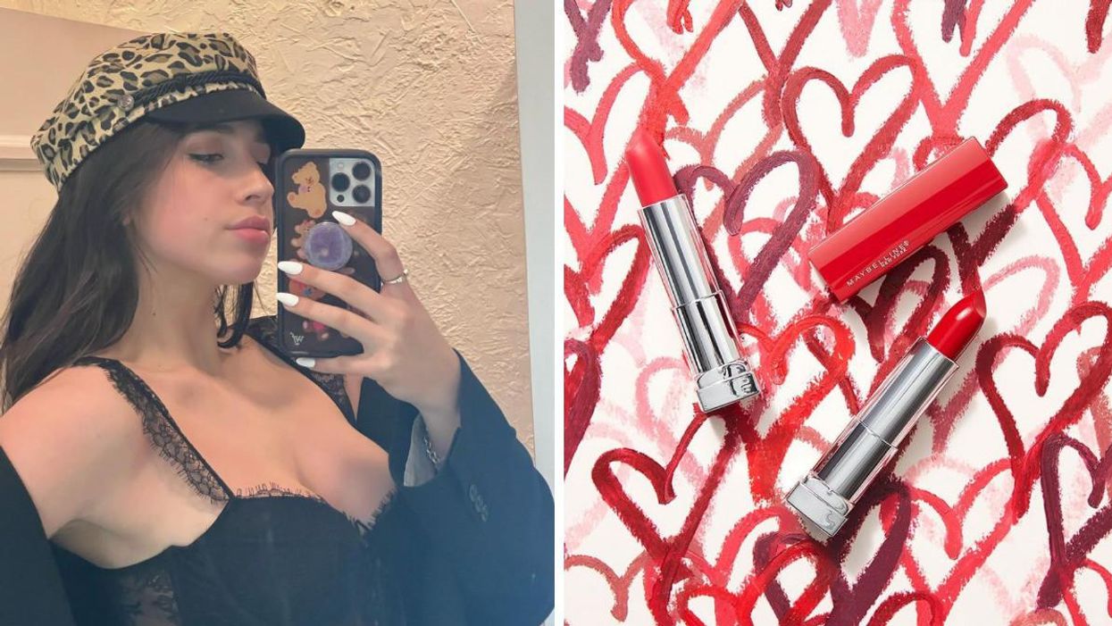 Tate McRae taking a mirror selfie. Right: Maybelline New York lipsticks.