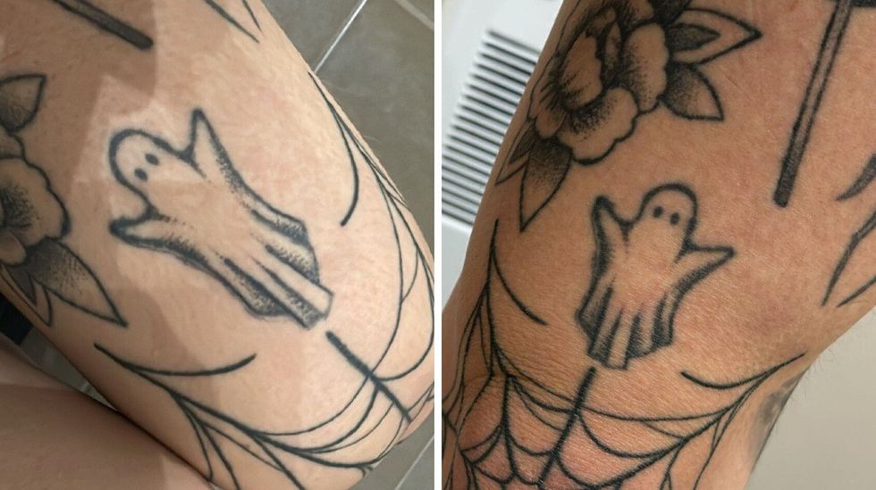 Tattoo d'un fant\u00f4me en haut du genou en position assise. droite : tattoo d'un fant\u00f4me en haut du genou en position debout