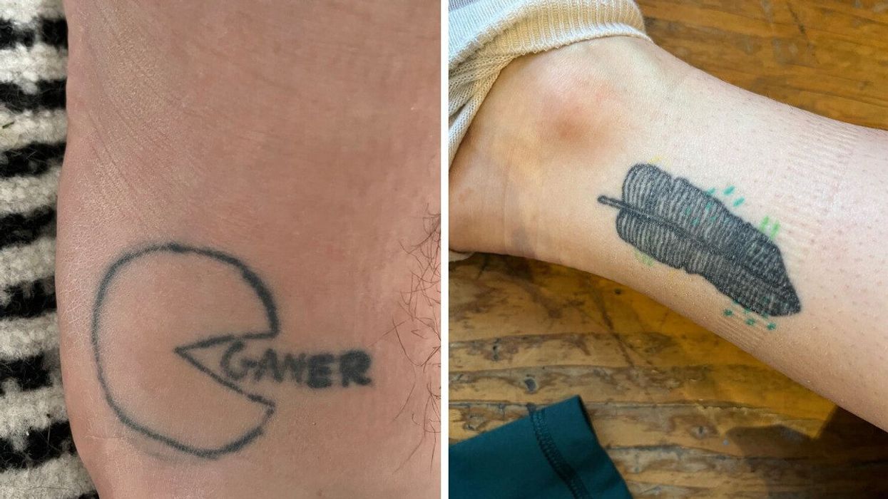 Tattoo de Pac-Mac et du mot « gamer » sur le pied. droite : tattoo d'une plume sur la cheville 4 ans plus tard