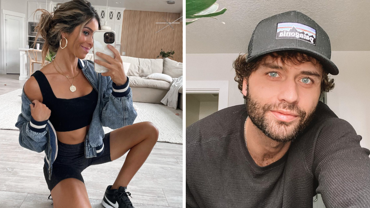 Taylor Frankie Paul kneeling down for a picture. Right: Dakota Mortensen with a Patagonia hat on.