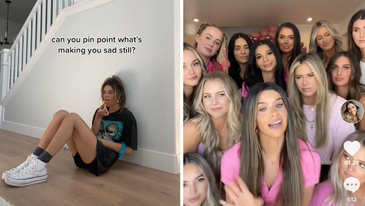 Taylor Frankie Paul sitting on the ground. Right: Taylor Frankie Paul and her old friend group.
