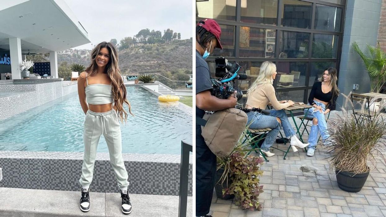 Taylor Frankie Paul standing in front of a pool. Right: Taylor Frankie Paul sitting at a table while being filmed.