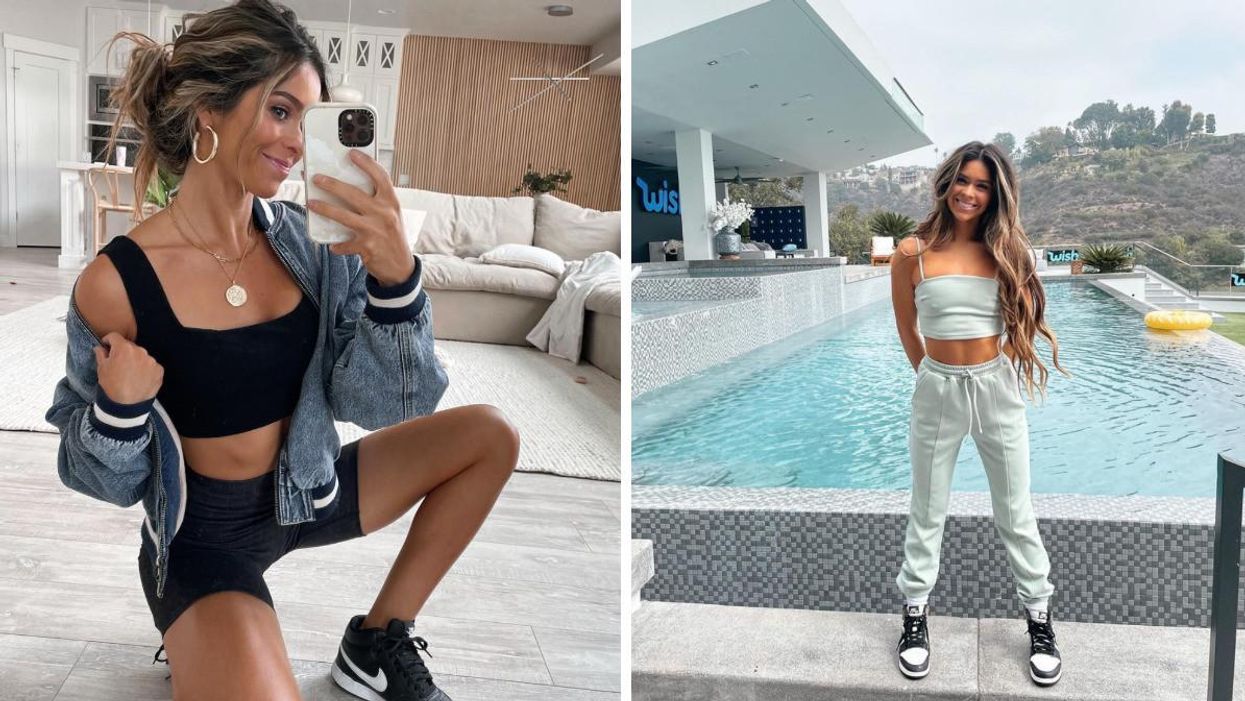 Taylor Frankie Paul taking a mirror selfie. Right: Taylor Frankie Paul standing in front of a pool.