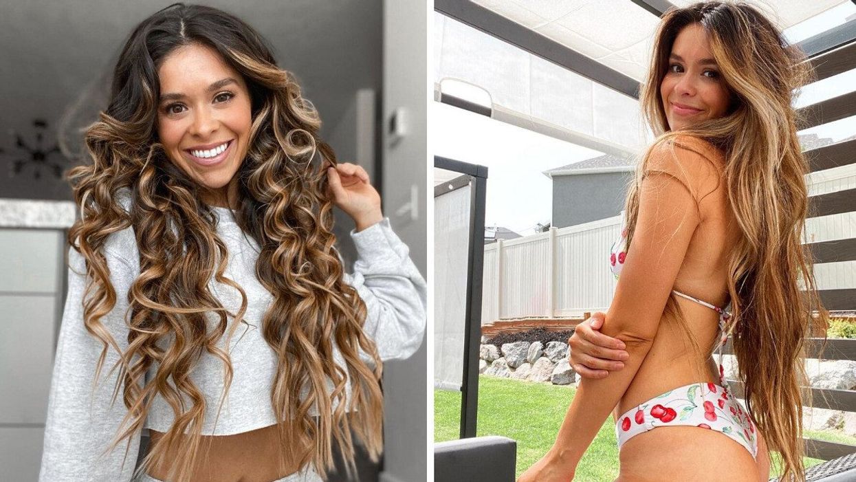 Taylor Frankie Paul wearing a gray long-sleeve shirt. Right: Taylor Frankie Paul wearing a swimsuit.