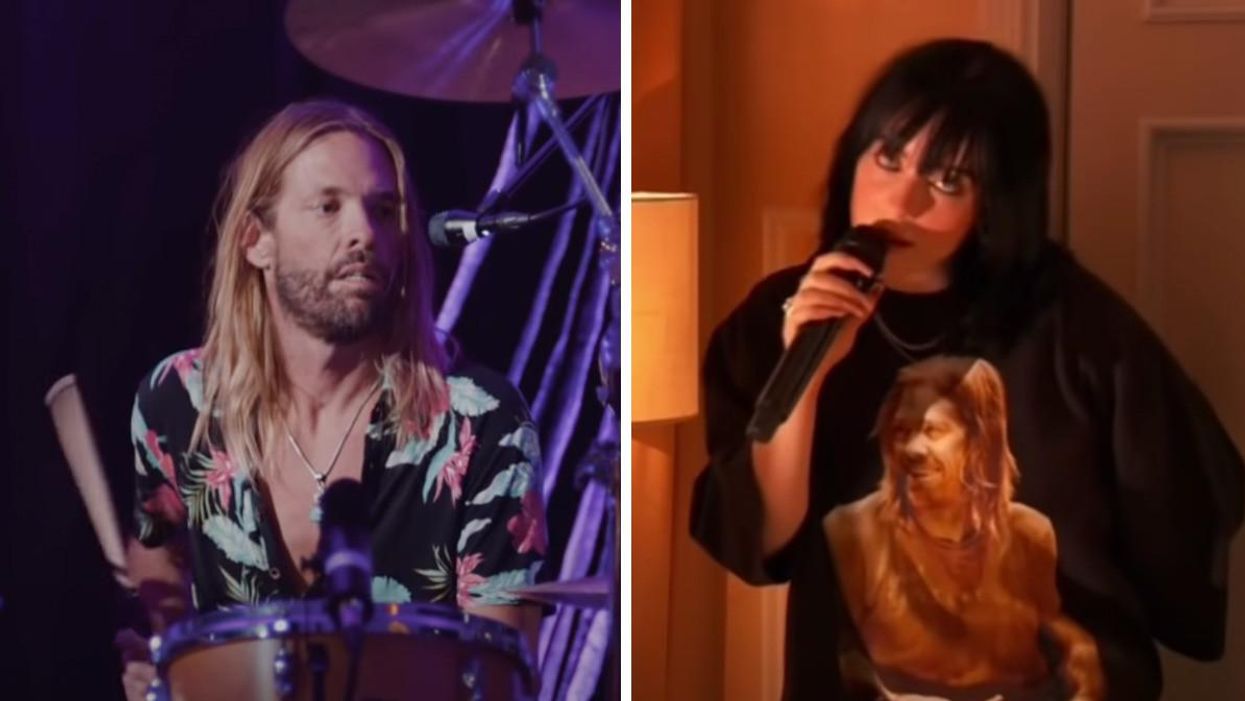 Taylor Hawkins playing drums. Right: Billie Eilish performing at the 2022 Grammys.