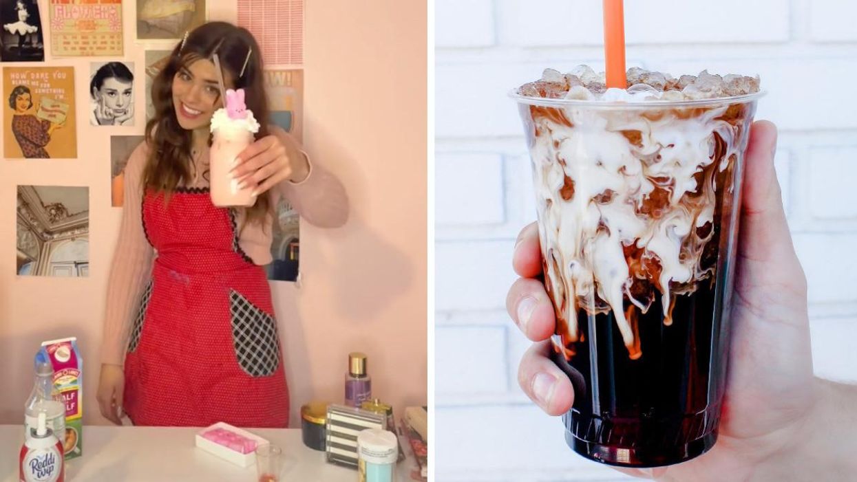 Taylor in a red apron holding up her soda creation. Right: A dirty soda from a soda shop in Utah.