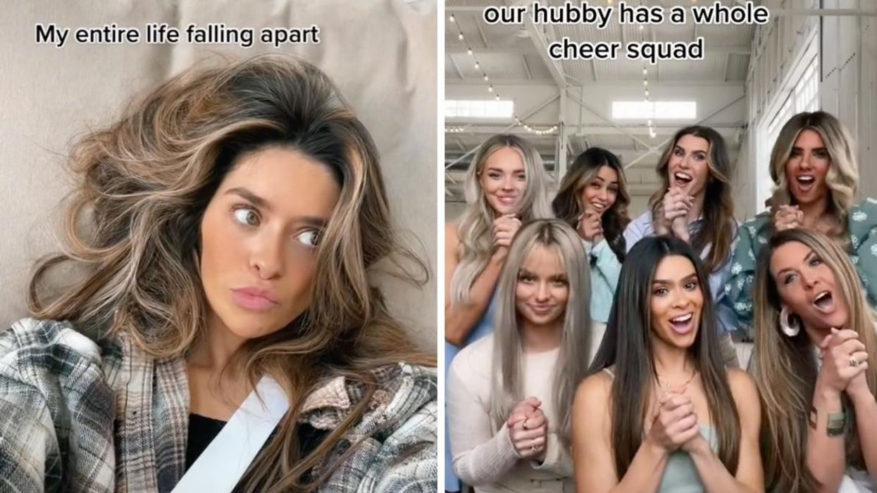 Taylor Paul in a TikTok captioned "my entire life falling apart." Right: The Utah mom friend group all posed together.