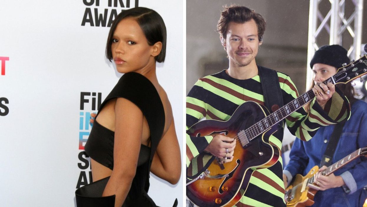 Taylor Russell at the 2023 Film Independent Spirit Awards. Right: Harry Styles performing at the Rockefeller Plaza in May 2022.