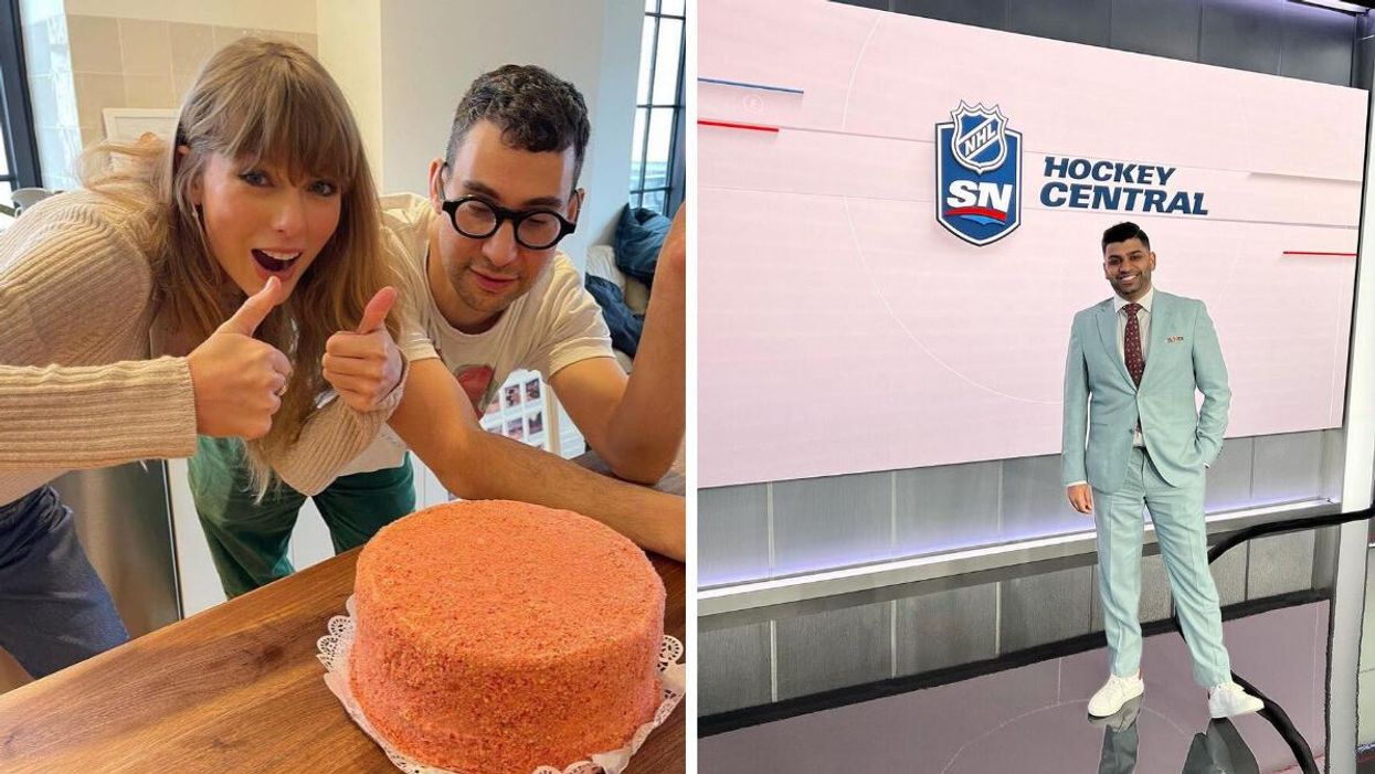 Taylor Swift and 'Midnights' collaborator Jack Antonoff. Right: Faizal Khamisa on the Sportsnet set.