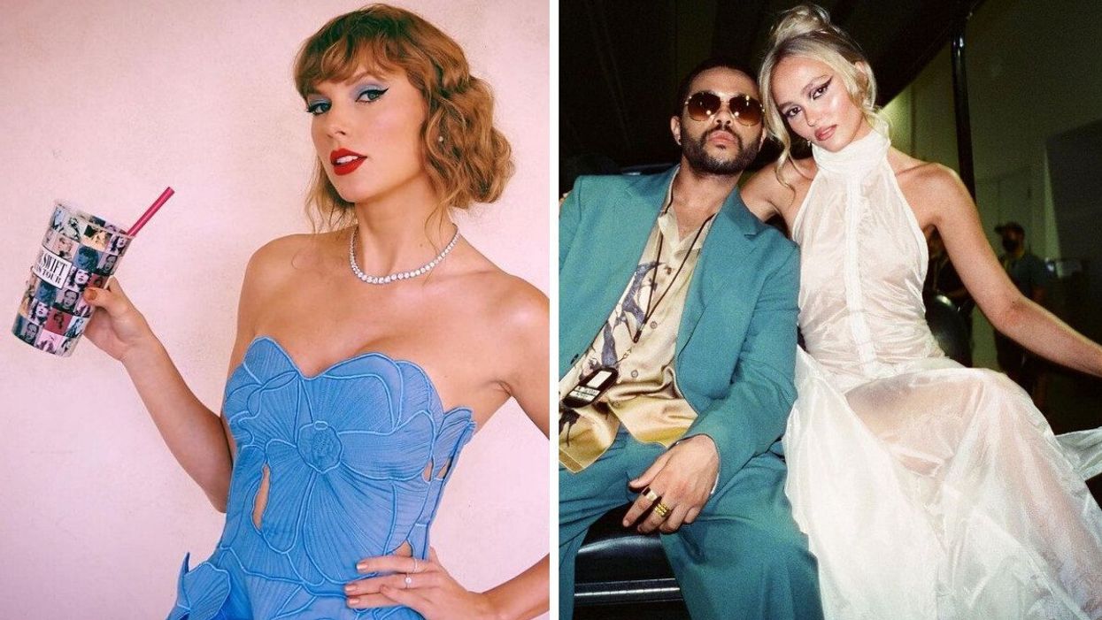 Taylor Swift at her Eras Tour concert movie premiere in LA. Right: The Weeknd and Lily-Rose Depp as their characters in The Idol.
