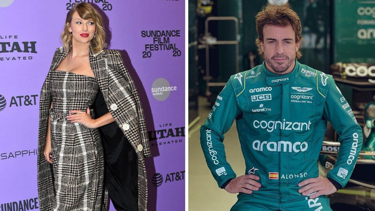 Taylor Swift at the 2020 Sundance Film Festival. Right: F1 driver Fernando Alonso.
