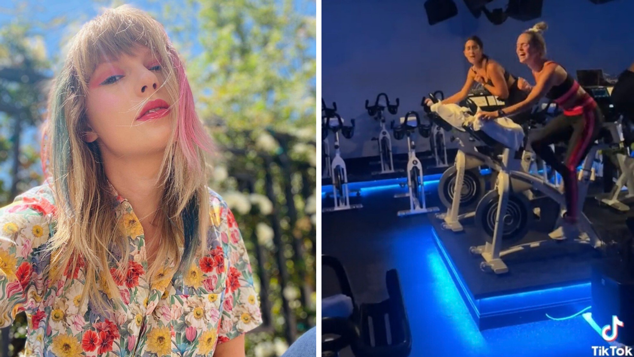 Taylor Swift in a floral shirt. Right: Two cycling instructors in the viral TikTok.