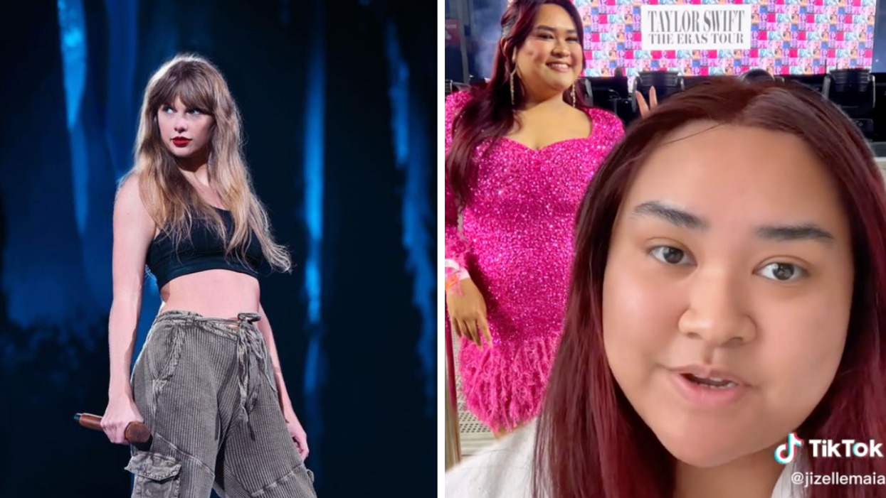 Taylor Swift on stage. Right: A fan giving advice on the Eras Tour.