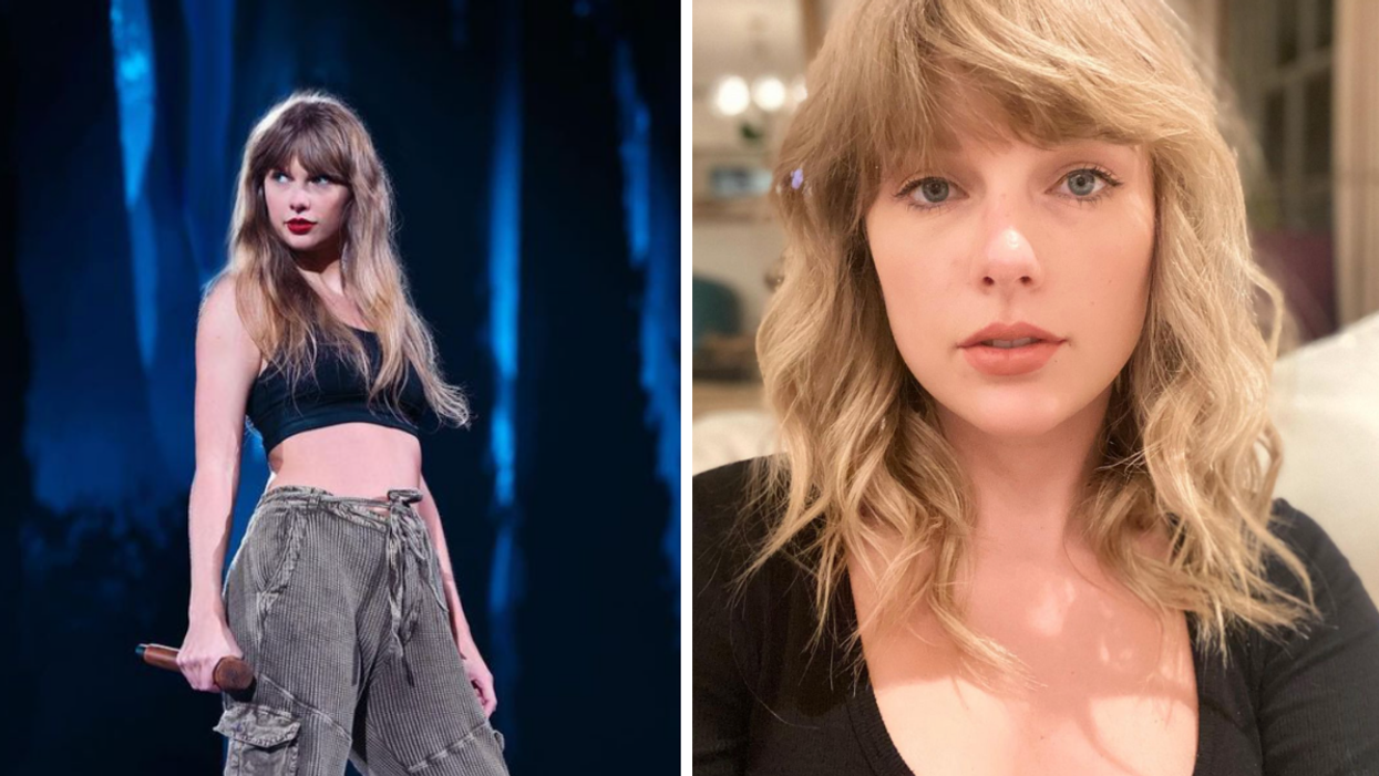 Taylor Swift on stage. Right: Taylor Swift.