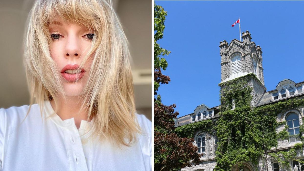 Taylor Swift. Right: A Queen's University building.