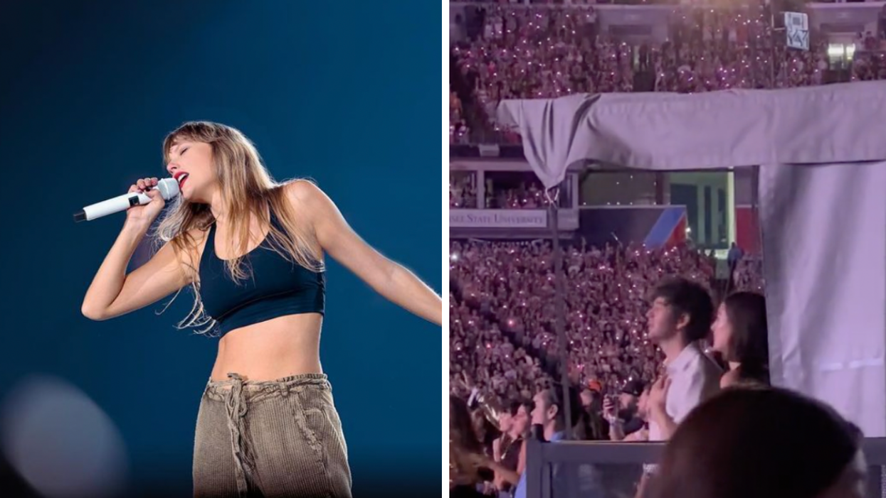 Taylor Swift. Right: Matt Healy in the crowd at Taylor Swift's show in Nashville.