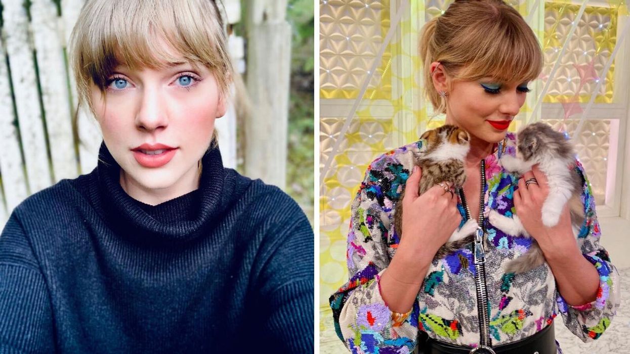 Taylor Swift. Right: Taylor Swift holding kittens.