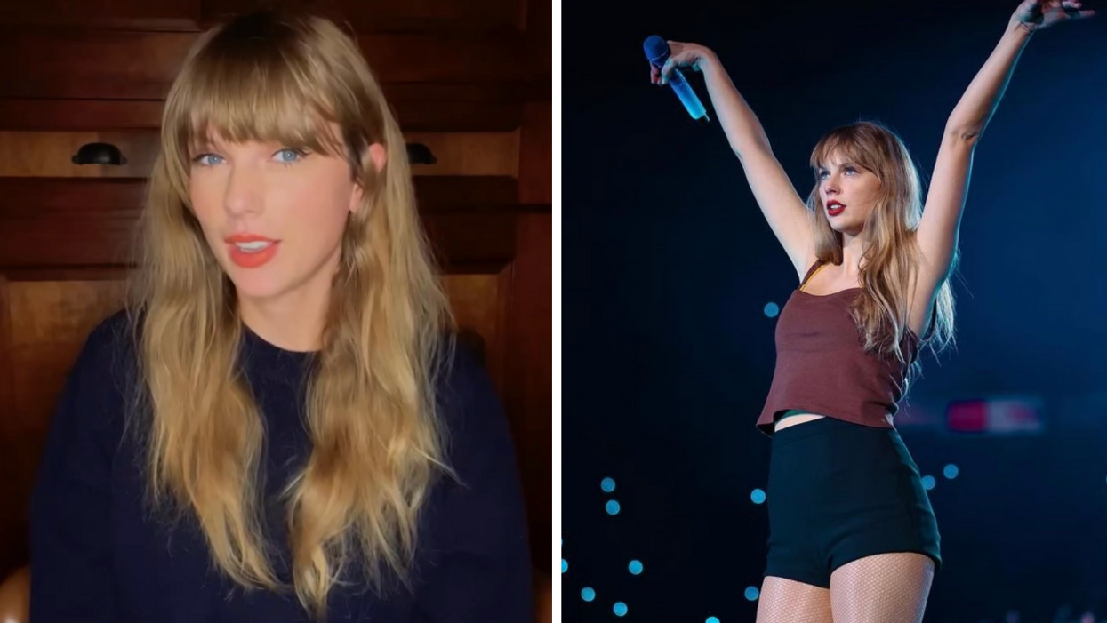 Taylor Swift. Right: Taylor Swift on stage.