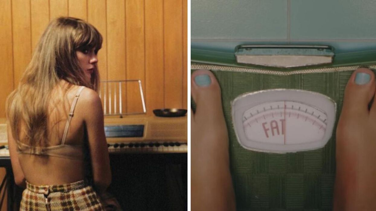 Taylor Swift. Right: Taylor Swift stands on a scale in her "Anti-Hero" music video.