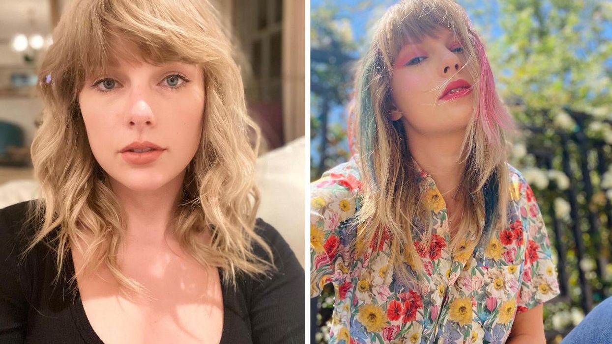 Taylor Swift. Right: Taylor Swift with colourful hair.