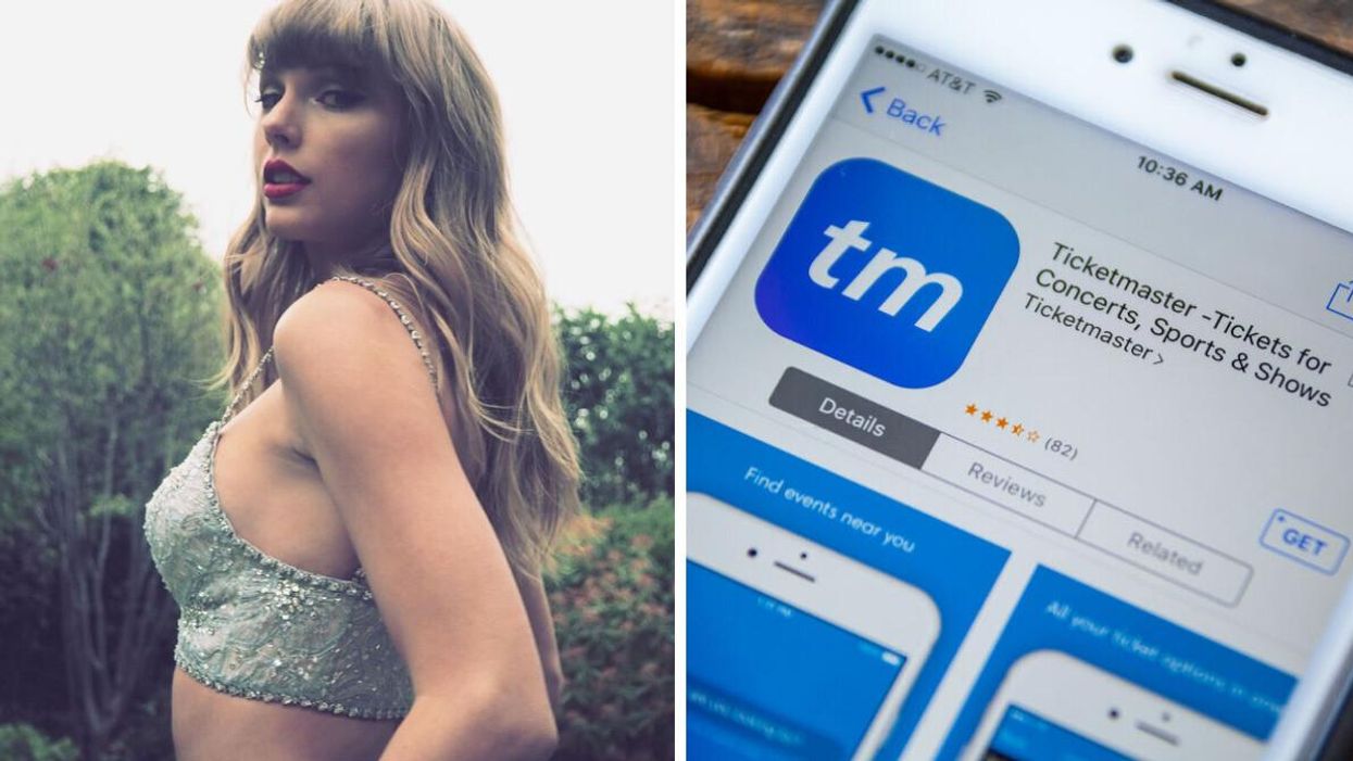 Taylor Swift. Right: Ticketmaster app on a phone.