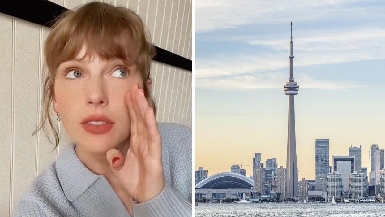 Taylor Swift. Right: Toronto skyline.