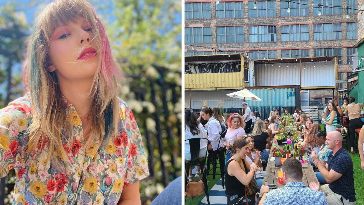 Taylor Swift wearing a flower blouse. Right: People at the Electric Garden installations in Chicago, IL.