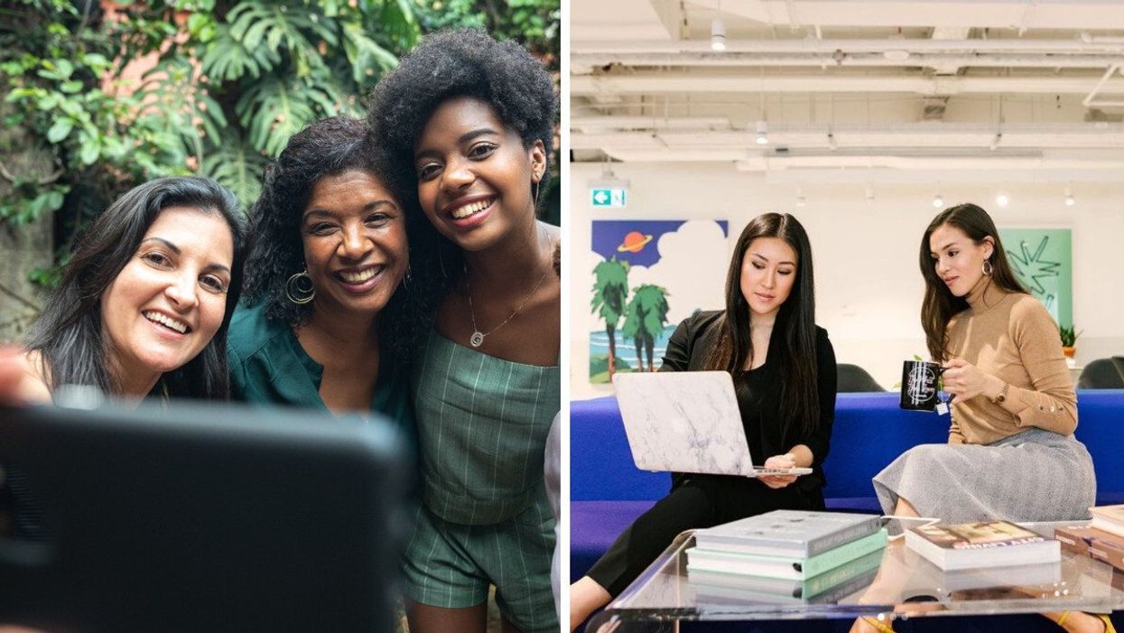 TD Bank employees take a selfie. Right: Two women work from a blue sofa.